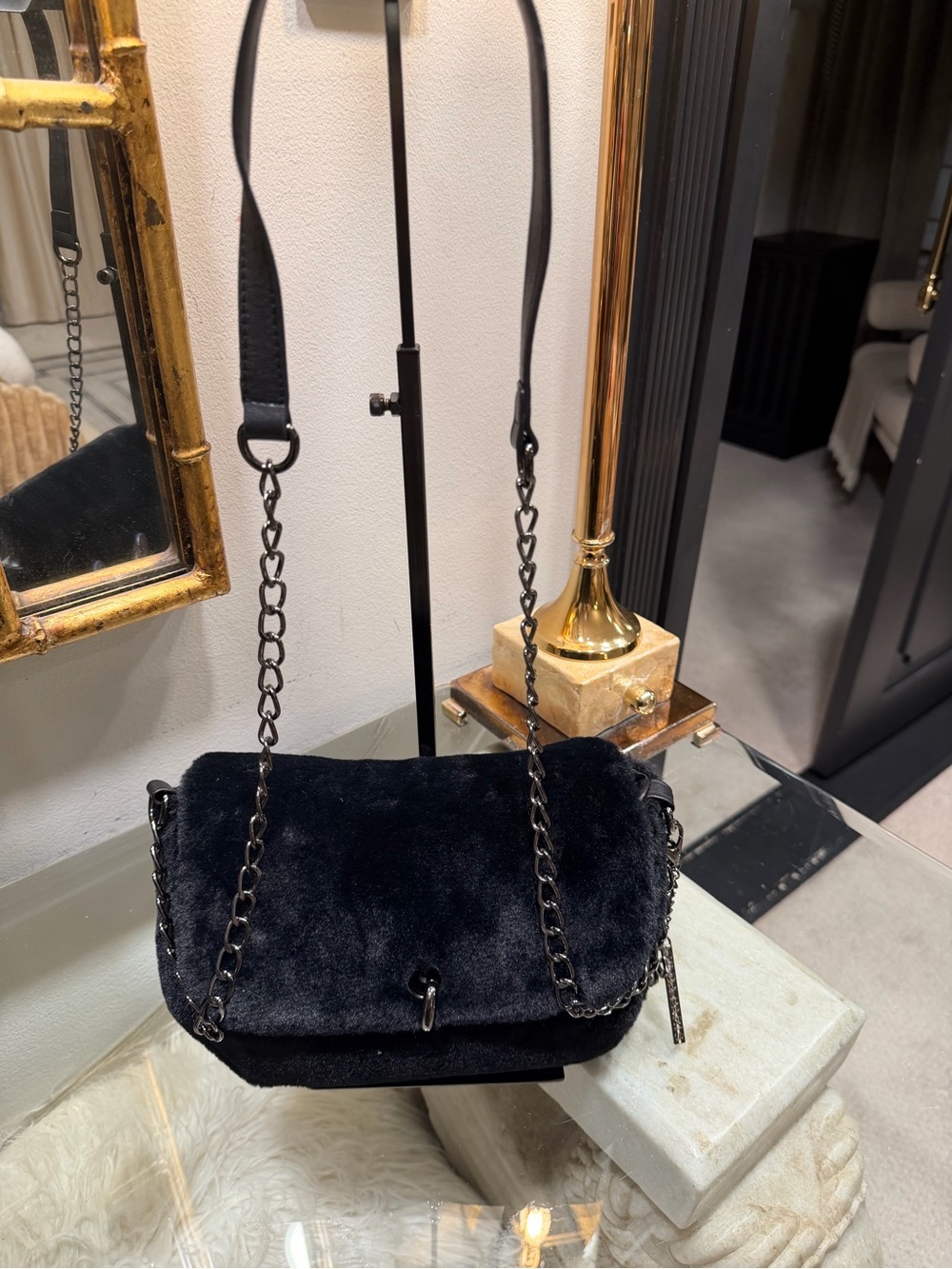 Gilda Paris Black Faux Fur Shoulder Bag with Chain Strap MSRP $129